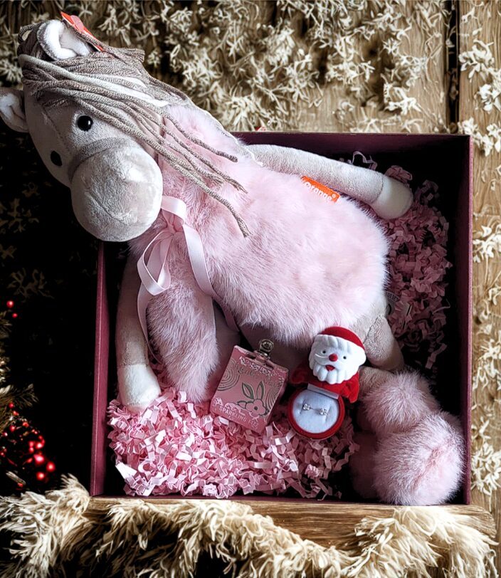 Dāvanu komplekts: Zelta auskari un mīkstā rotaļlieta “Zirdziņš Rosie”